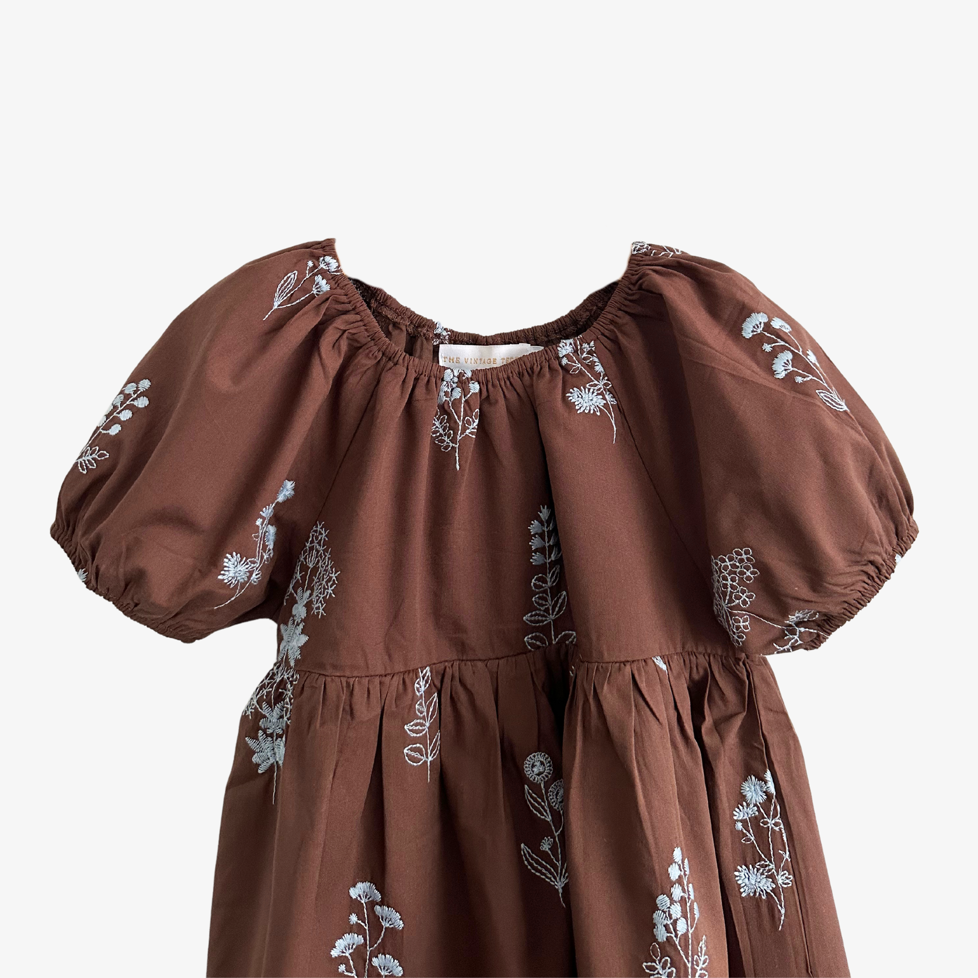 Girls Embroidered Dress Floral Brown & Baby Blue 6Y Girls Embroidered Dress Floral Brown & Baby Blue 6Y