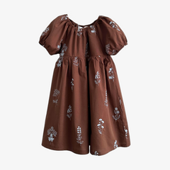 Girls Embroidered Dress Floral Brown & Baby Blue