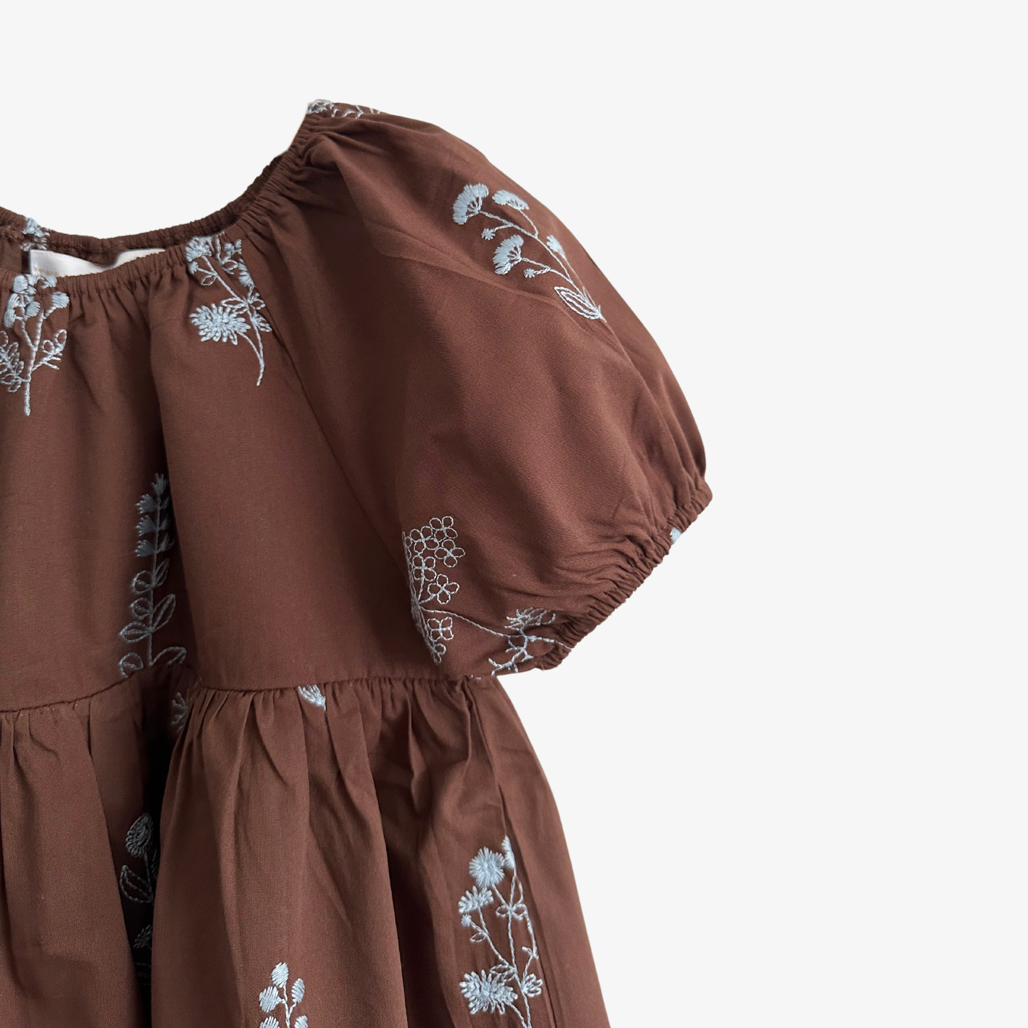 Girls Embroidered Dress Floral Brown & Baby Blue 3T Girls Embroidered Dress Floral Brown & Baby Blue 3T