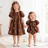 Girls Embroidered Romper Floral Brown & Baby Blue