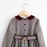 Girls Long Sleeve Dress Gingham Burgundy & Navy Blue