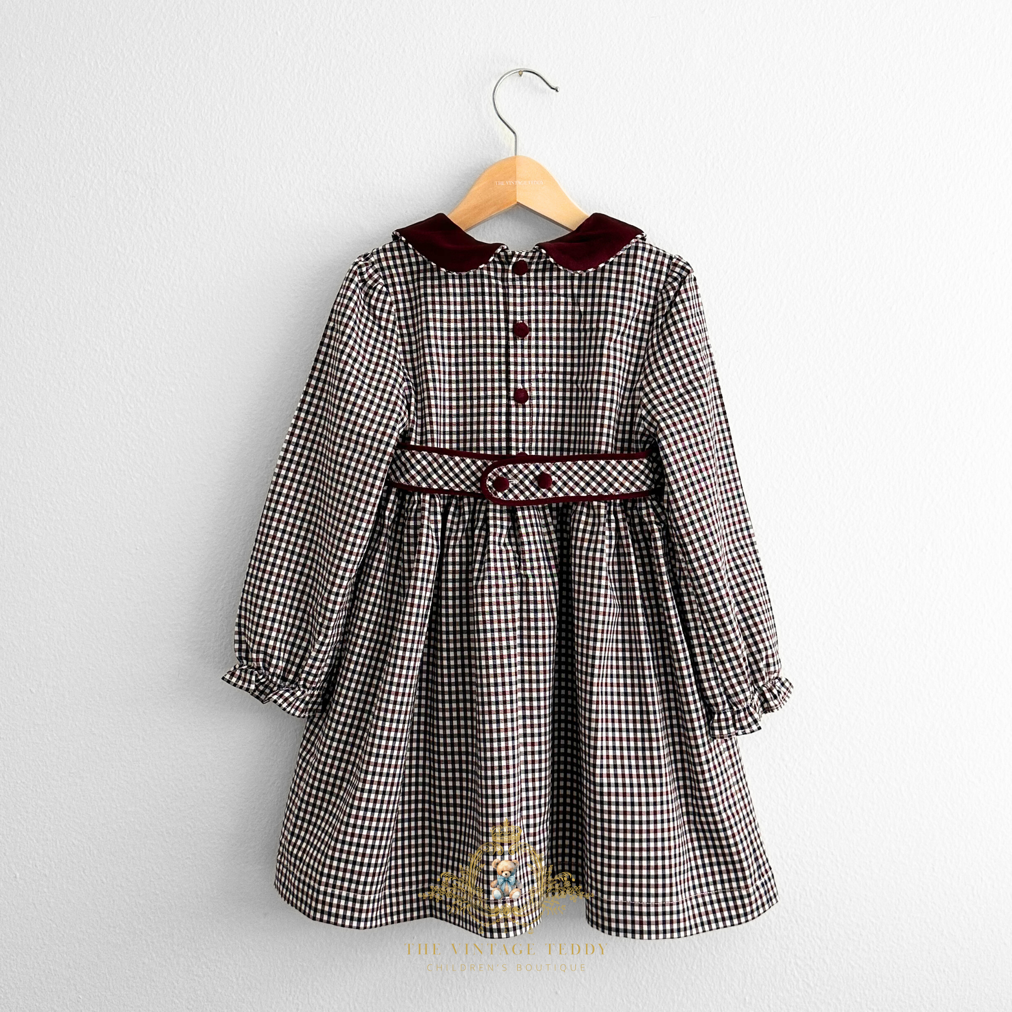 Girls Long Sleeve Dress Gingham Burgundy & Navy Blue The Vintage Teddy Girls Long Sleeve Dress Gingham Burgundy & Navy Blue The Vintage Teddy