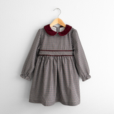 Girls Long Sleeve Dress Gingham Burgundy & Navy Blue