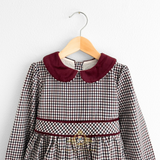 Girls Long Sleeve Dress Gingham Burgundy & Navy Blue