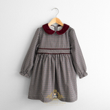 Girls Long Sleeve Dress Gingham Burgundy & Navy Blue