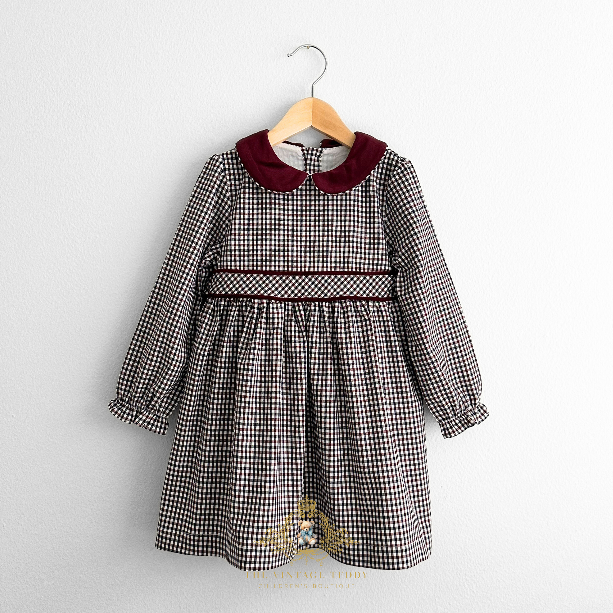 Girls Long Sleeve Dress Gingham Burgundy & Navy Blue The Vintage Teddy Girls Long Sleeve Dress Gingham Burgundy & Navy Blue The Vintage Teddy