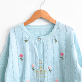 Girls Floral Embroidered Knit Cardigan Sweater Sky Blue
