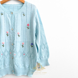 Girls Floral Embroidered Knit Cardigan Sweater Sky Blue