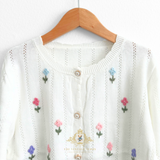 Girls Floral Embroidered Knit Cardigan Sweater White