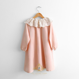 Girls Long Sleeve Eyelet Embroidered Lace Bib Collar Dress Blush Pink