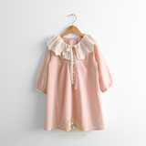 Girls Long Sleeve Eyelet Embroidered Lace Bib Collar Dress Blush Pink
