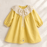 Girls Long Sleeve Eyelet Embroidered Lace Bib Collar Dress Buttery Yellow