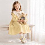 Girls Long Sleeve Eyelet Embroidered Lace Bib Collar Dress Buttery Yellow