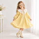 Girls Long Sleeve Eyelet Embroidered Lace Bib Collar Dress Buttery Yellow