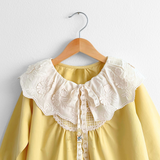 Girls Long Sleeve Eyelet Embroidered Lace Bib Collar Dress Buttery Yellow