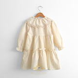 Girls Long Sleeve Eyelet Embroidered Lace Bib Collar Dress Cream