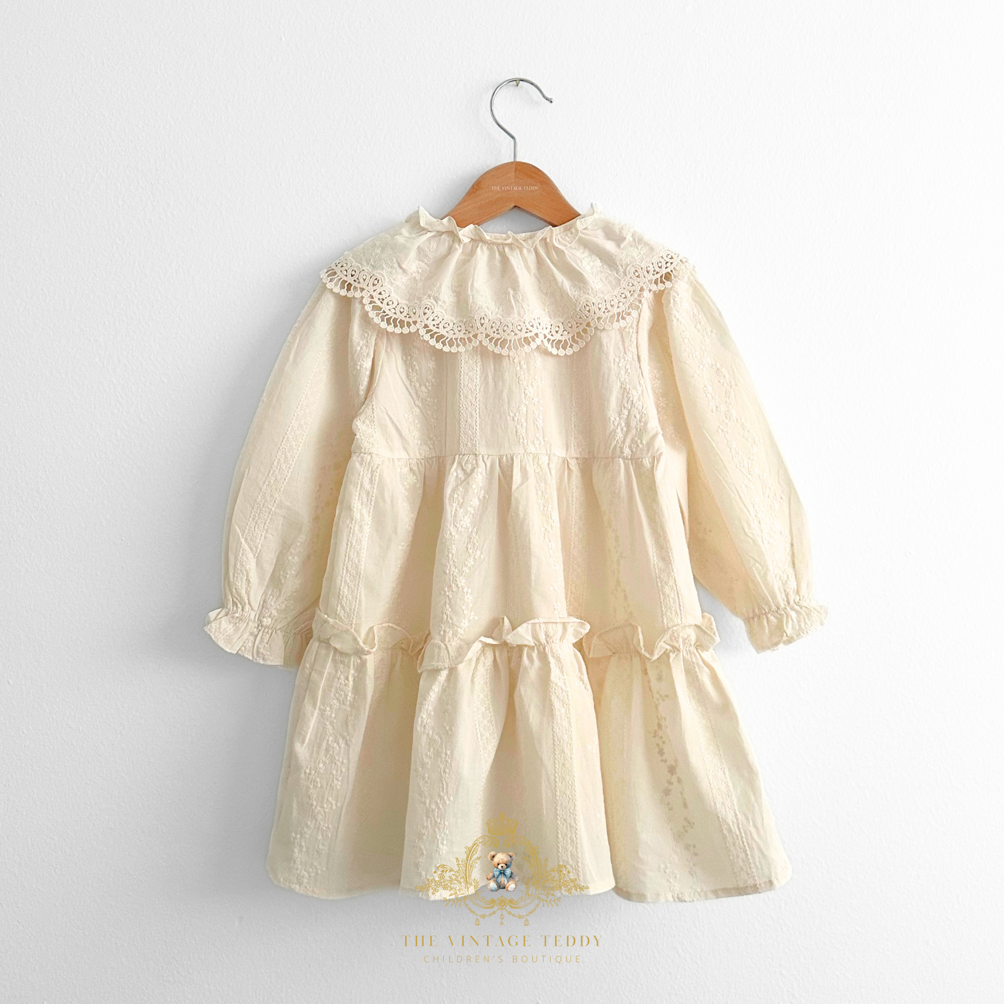 Girls Long Sleeve Eyelet Embroidered Lace Bib Collar Dress Cream 2T