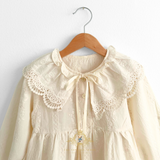 Girls Long Sleeve Eyelet Embroidered Lace Bib Collar Dress Cream