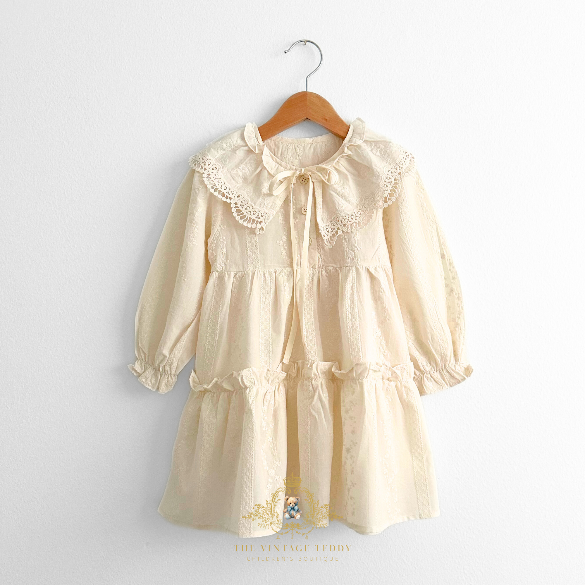 Girls Long Sleeve Eyelet Embroidered Lace Bib Collar Dress Cream 2T