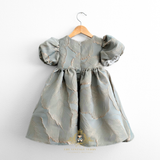 Girls Fine Jacquard Celebration Dress Floral Sage Green & Gold Leaf