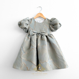 Girls Fine Jacquard Celebration Dress Floral Sage Green & Gold Leaf
