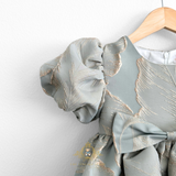 Girls Fine Jacquard Celebration Dress Floral Sage Green & Gold Leaf