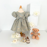 Girls Fine Jacquard Celebration Dress Floral Sage Green & Gold Leaf