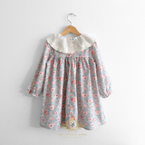 Girls Long Sleeve Eyelet Embroidered Lace Bib Collar Floral Dress