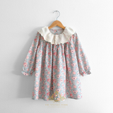 Girls Long Sleeve Eyelet Embroidered Lace Bib Collar Floral Dress
