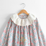 Girls Long Sleeve Eyelet Embroidered Lace Bib Collar Floral Dress