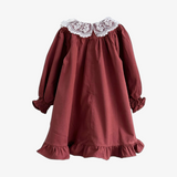 Girls Long Sleeve Lace Bib Collar Peasant Dress Crimson Brown & Cream