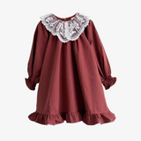 Girls Long Sleeve Lace Bib Collar Peasant Dress Crimson Brown & Cream