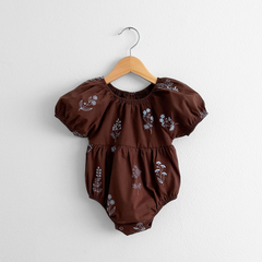 Girls Embroidered Romper Floral Brown & Baby Blue