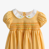 Girls Smocked Floral Embroidery Dress Yellow