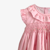 Girls Smocked Dress Rose Embroidery Pink