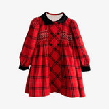 Girls Long Sleeve Embroidered Smocked Dress Plaid