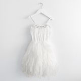 Girls Layered Tulle Beaded Fringe Tutu Dress White