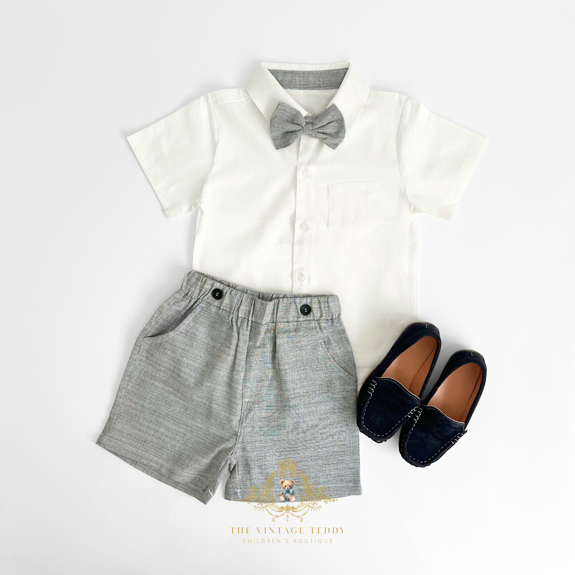 Boys Short Sleeve Oxford Dress Shirt & Shorts Matching Outfit Grey & White 4T Boys Short Sleeve Oxford Dress Shirt & Shorts Matching Outfit Grey & White 4T