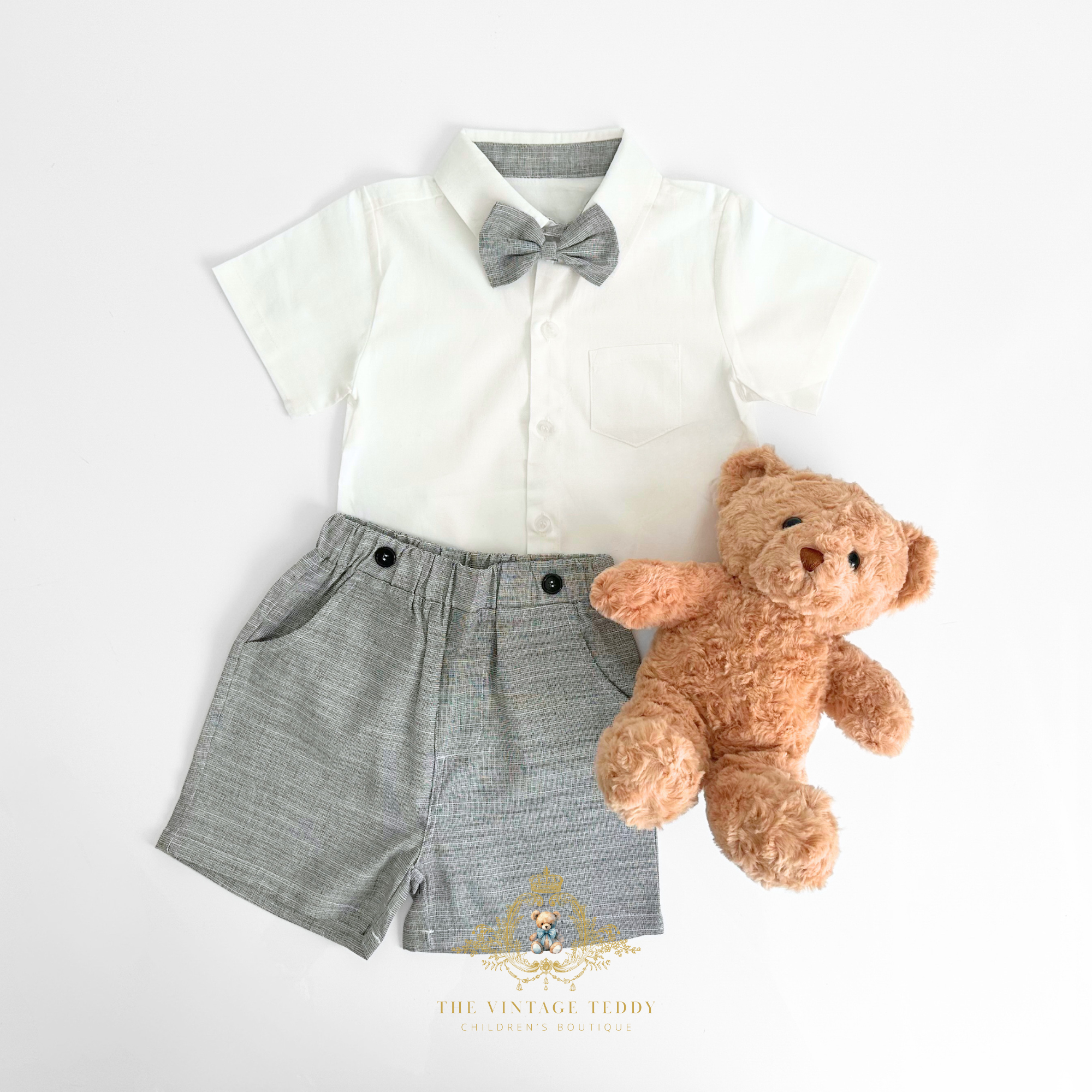 Boys Short Sleeve Oxford Dress Shirt & Shorts Matching Outfit Grey & White 4T Boys Short Sleeve Oxford Dress Shirt & Shorts Matching Outfit Grey & White 4T