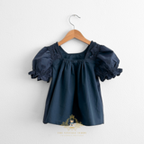 Girls Baby Doll Blouse Lovely Floral Eyelet Lace Embroidery Bohemian Navy Blue