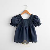 Girls Baby Doll Blouse Lovely Floral Eyelet Lace Embroidery Bohemian Navy Blue
