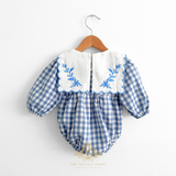 Girls Long Sleeve Floral Embroidered Bib Collar Romper Gingham Blue & White