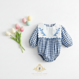 Girls Long Sleeve Floral Embroidered Bib Collar Romper Gingham Blue & White