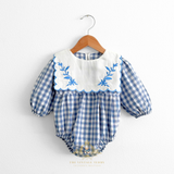 Girls Long Sleeve Floral Embroidered Bib Collar Romper Gingham Blue & White
