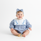 Girls Long Sleeve Floral Embroidered Bib Collar Romper Gingham Blue & White
