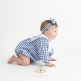 Girls Long Sleeve Floral Embroidered Bib Collar Romper Gingham Blue & White
