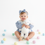Girls Long Sleeve Floral Embroidered Bib Collar Romper Gingham Blue & White