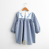 Girls Long Sleeve Floral Embroidered Bib Collar Dress Gingham Blue & White