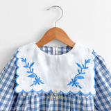 Girls Long Sleeve Floral Embroidered Bib Collar Romper Gingham Blue & White