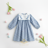 Girls Long Sleeve Floral Embroidered Bib Collar Dress Gingham Blue & White